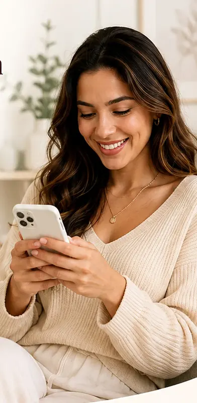 Guerreira do Desconto sorrindo com compras no celular